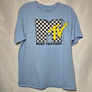 MTV Graphic Tee Mens Large Faded Blue Checkerboard Logo Vintage Style